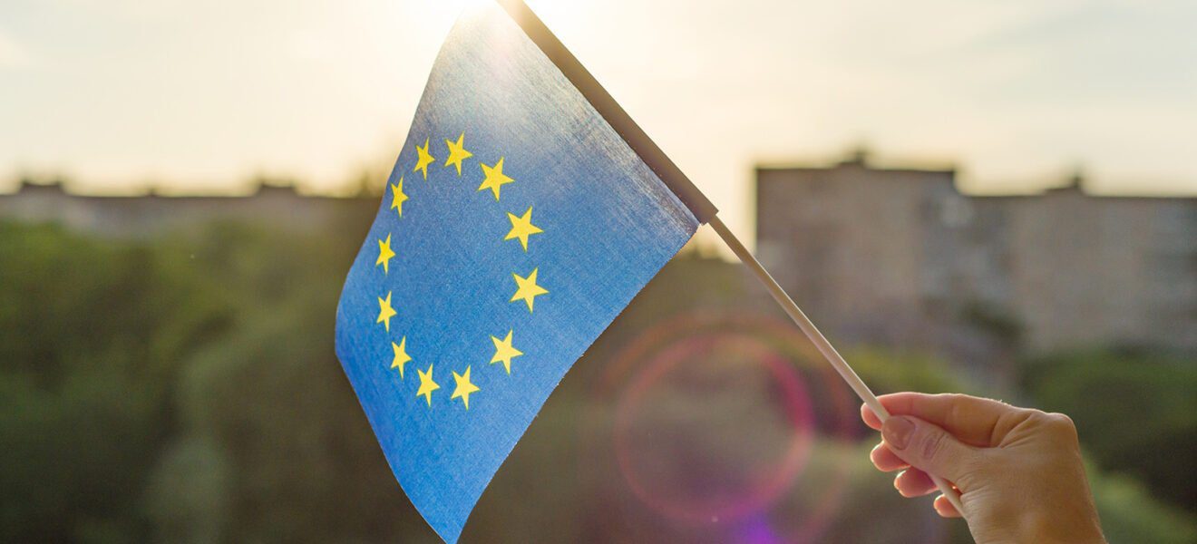 Hand schwenkt Europaflagge vor grünem Hintergrund
