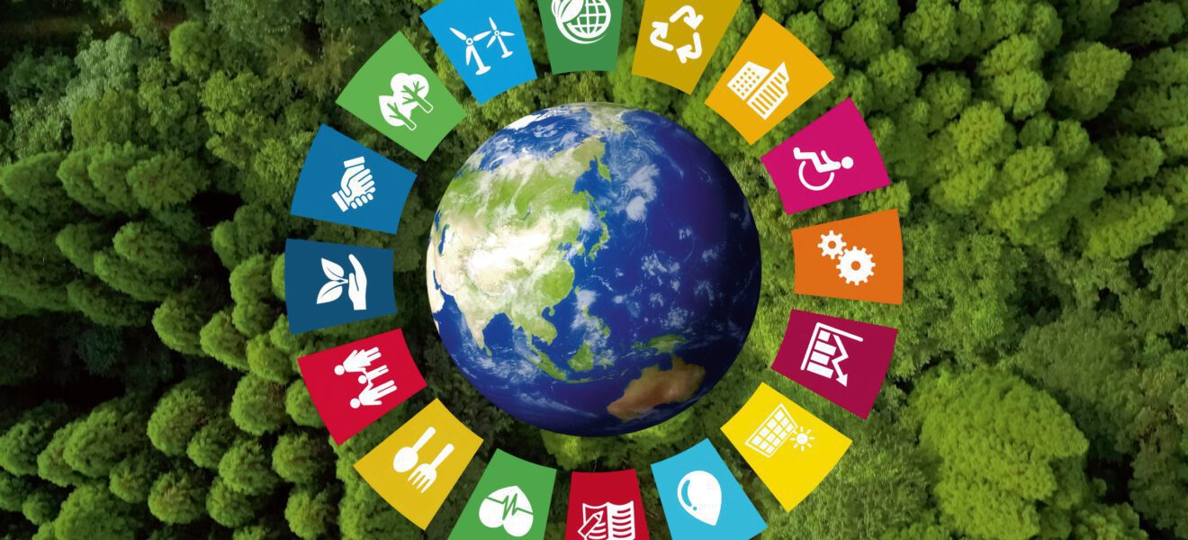 Die Erde vor grünem Hintergrund umringt von den SGD-Icons der Agenda 20230